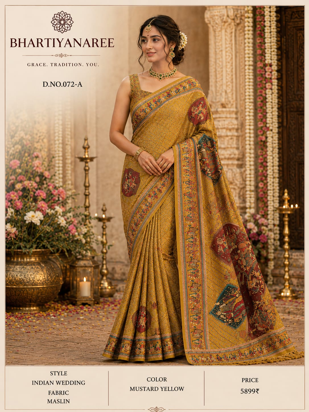 Mustard yellow printed saree